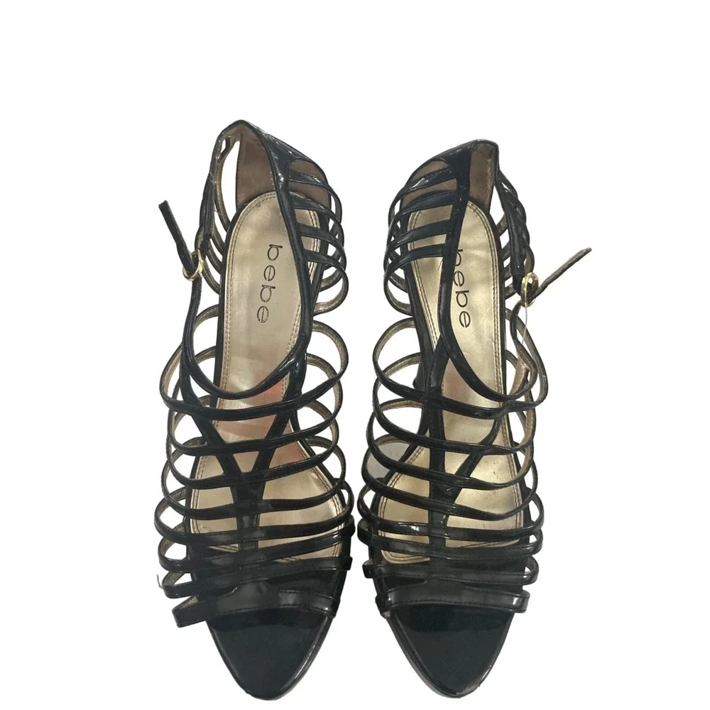 Bebe Strappy Cage Platform Sandals Womens 8M Black Good Patent Gold Accent Heels